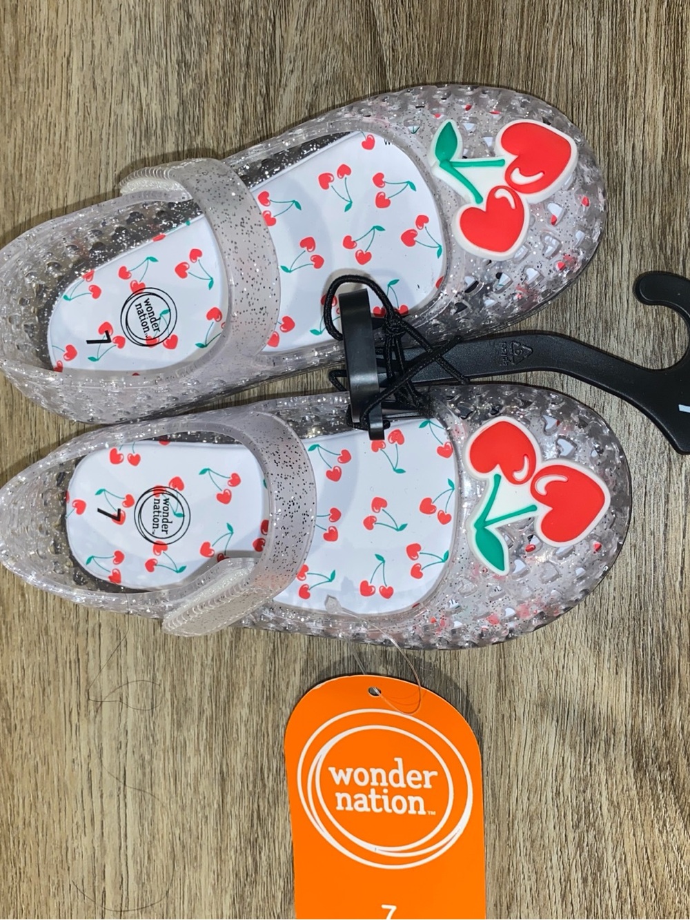 Clear Glitter Jelly Mary Jane Sandals with Red Cherry Accents